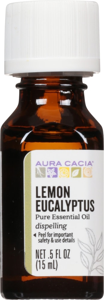 Aura Cacia Lemon Eucalyptus Essential Oil 0.5 fl oz, labeled bottle.