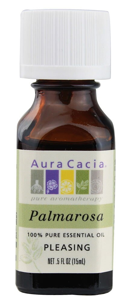 Aura Cacia Palmarosa Essential Oil 0.5 fl oz, labeled bottle.