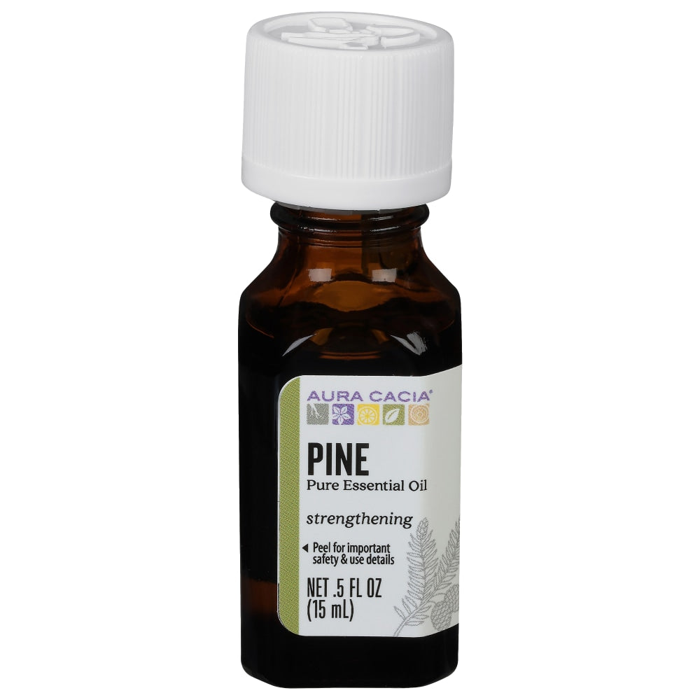 Aura Cacia Pine Essential Oil 0.5 fl oz, labeled bottle.