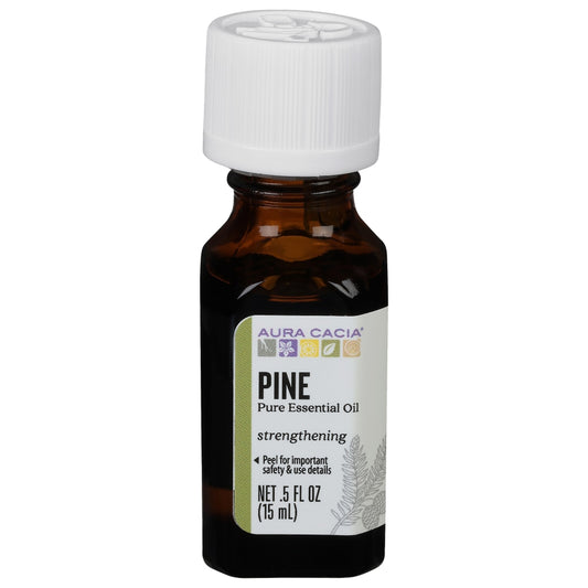 Aura Cacia Pine Essential Oil 0.5 fl oz, labeled bottle.