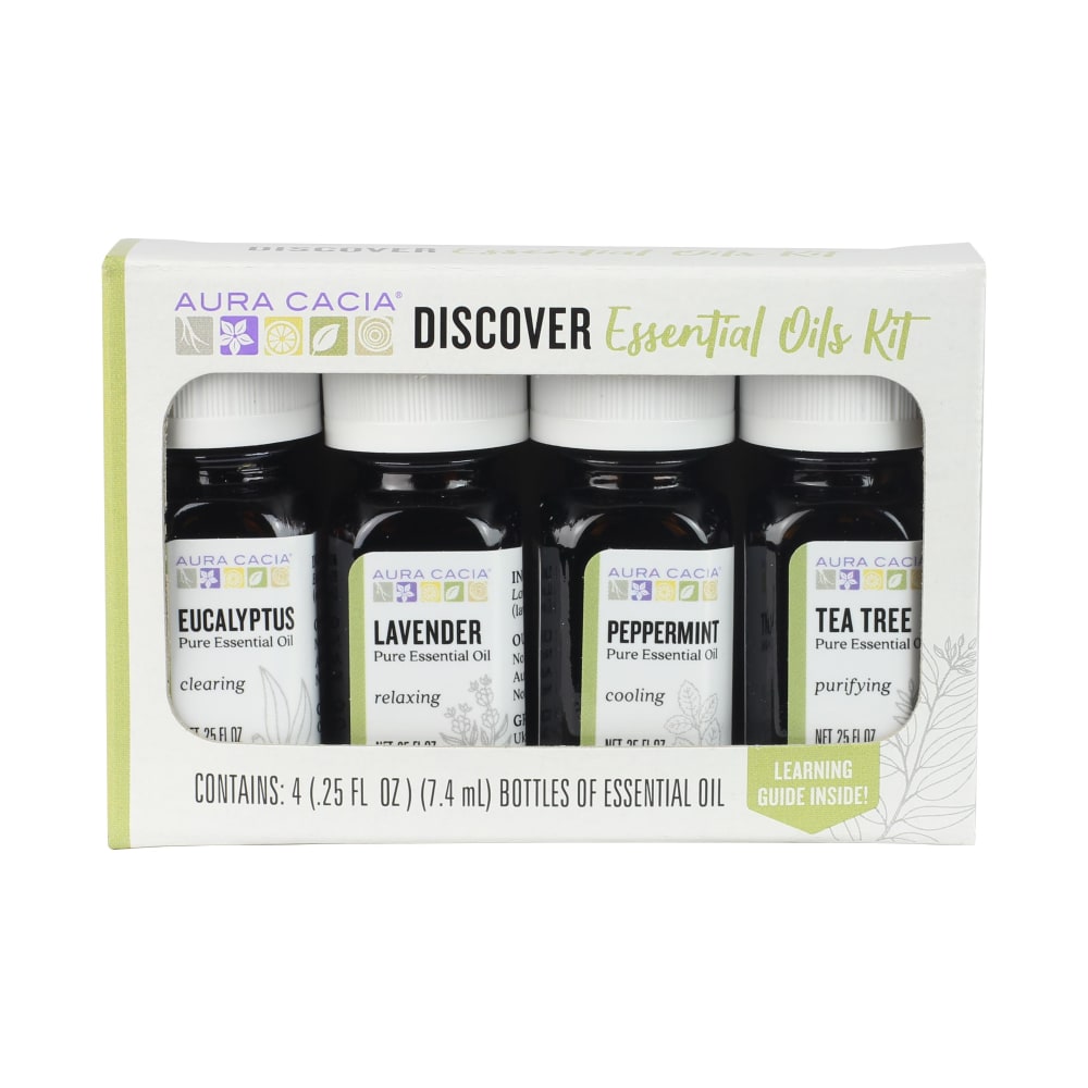 Aura Cacia Discover Essential Oils Kit with four bottles visible through the package window.