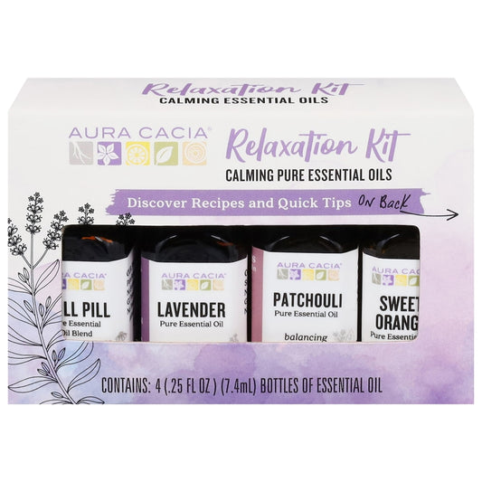 Aura Cacia Relaxation Kit box showing four essential oil bottles through a window.