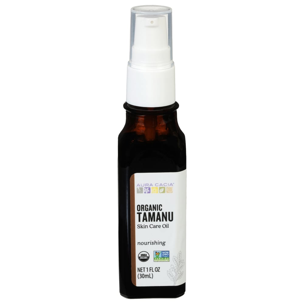 Aura Cacia Organic Tamanu Skin Care Oil 1 fl oz, labeled bottle.