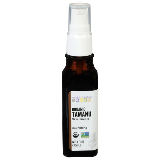 Aura Cacia Organic Tamanu Skin Care Oil 1 fl oz, labeled bottle.