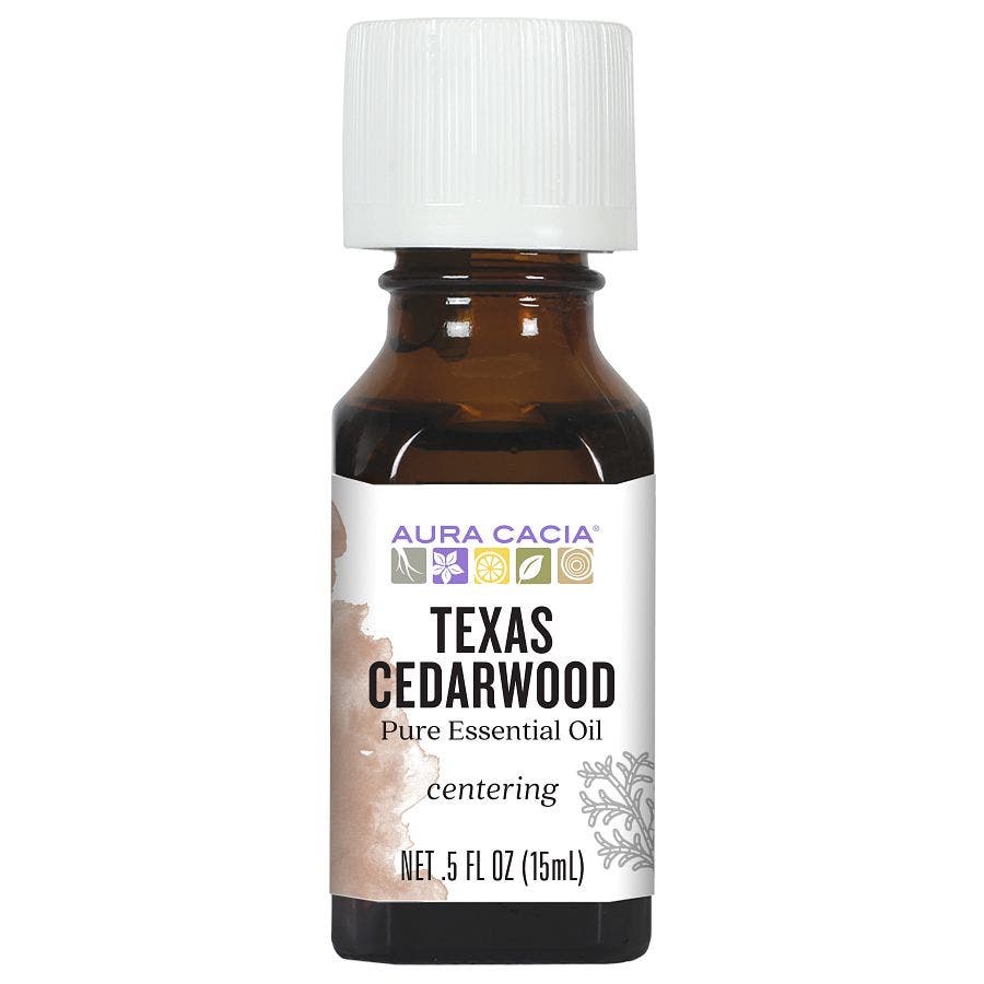 Aura Cacia Texas Cedarwood Essential Oil 0.5 fl oz, labeled bottle.