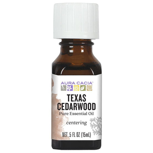 Aura Cacia Texas Cedarwood Essential Oil 0.5 fl oz, labeled bottle.