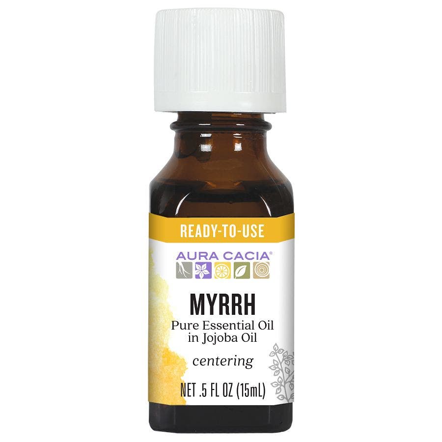 Aura Cacia Myrrh in jojoba oil 0.5 fl oz, labeled bottle.
