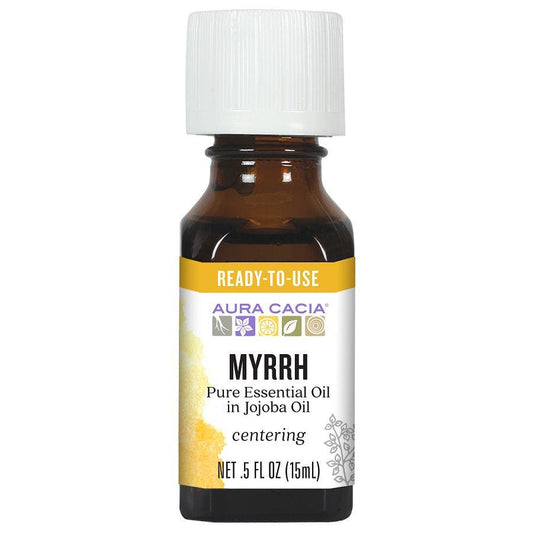 Aura Cacia Myrrh in jojoba oil 0.5 fl oz, labeled bottle.