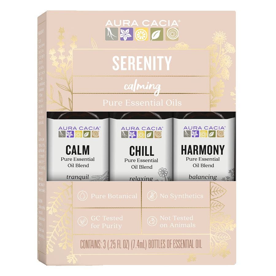 Aura Cacia Serenity Kit box showing Calm, Chill, and Harmony essential oil blend bottles.
