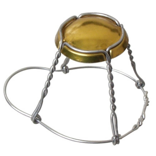 Belgian bottle wire cork hood with silver-colored wire cage and gold-colored top disc.