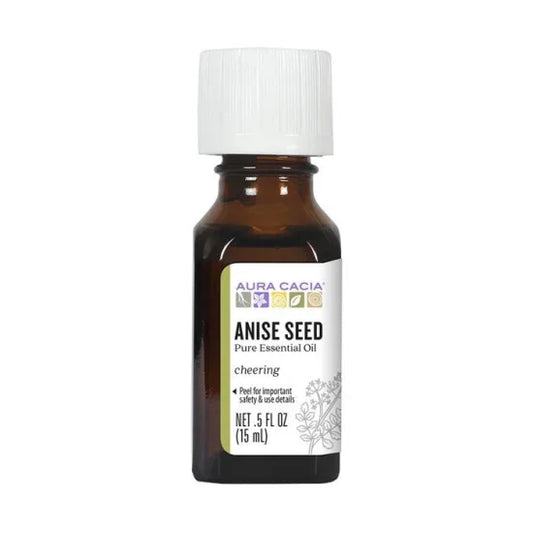Aura Cacia Anise Essential Oil 0.5 fl oz, labeled bottle.