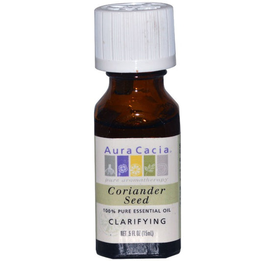 Aura Cacia Coriander Essential Oil 0.5 fl oz, labeled bottle.