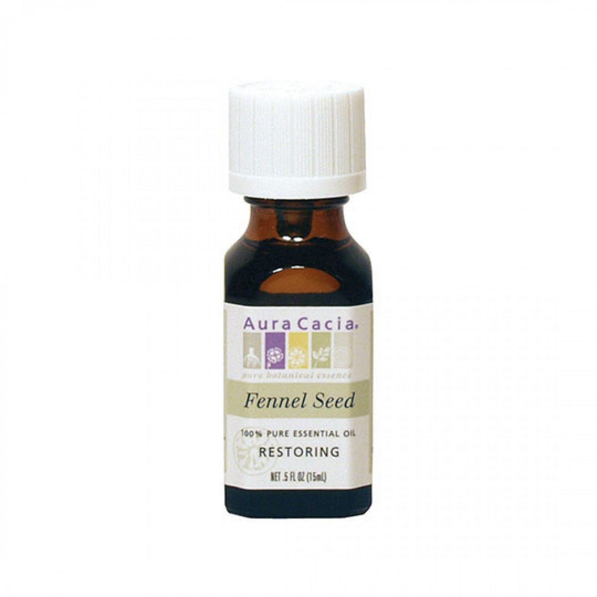 Aura Cacia Fennel Seed Essential Oil 0.5 fl oz, labeled bottle.