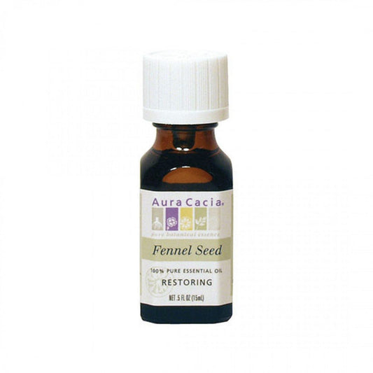 Aura Cacia Fennel Seed Essential Oil 0.5 fl oz, labeled bottle.