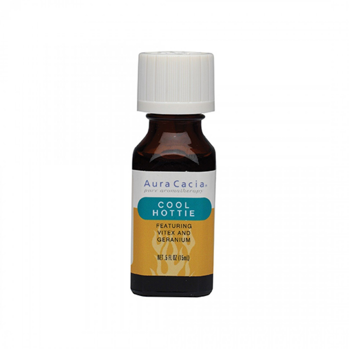 Aura Cacia Cool Hottie oil blend, 0.5 fl oz (15 ml), in an amber bottle with a white cap.