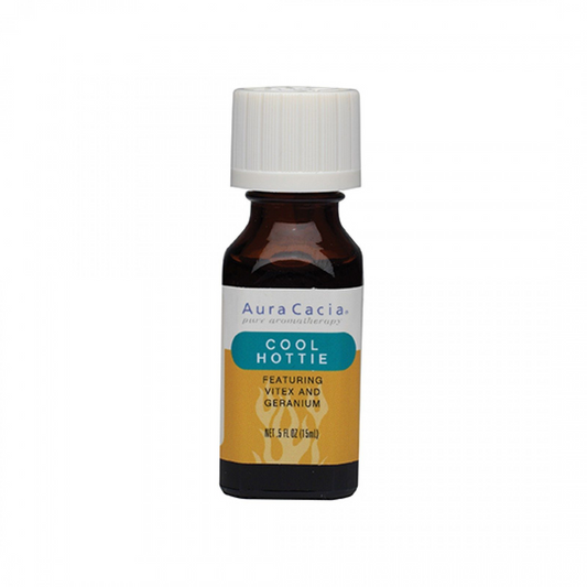 Aura Cacia Cool Hottie oil blend, 0.5 fl oz (15 ml), in an amber bottle with a white cap.