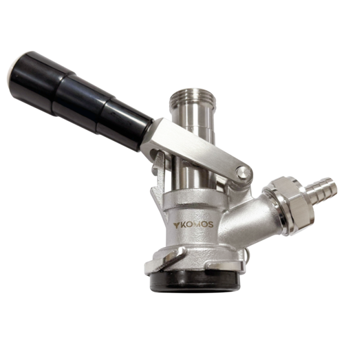 KOMOS stainless steel D-style Sanke keg coupler with black lever handle and gas barb