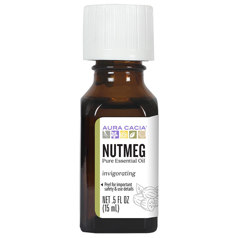 Aura Cacia Nutmeg essential oil, 0.5 fl oz (15 ml), in an amber bottle with a white cap.