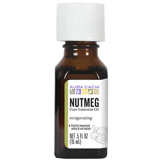 Aura Cacia Nutmeg essential oil, 0.5 fl oz (15 ml), in an amber bottle with a white cap.