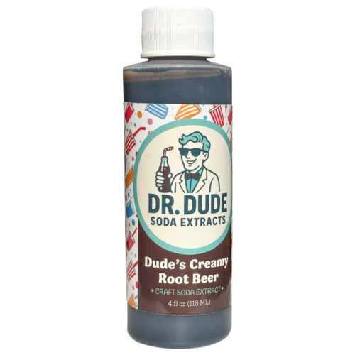 Dr. Dude Dude's Creamy Root Beer Soda Extract 4 fl oz bottle with white cap