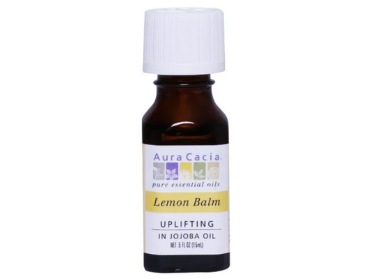 Aura Cacia Lemon Balm in Jojoba Oil 0.5 fl oz, labeled bottle.