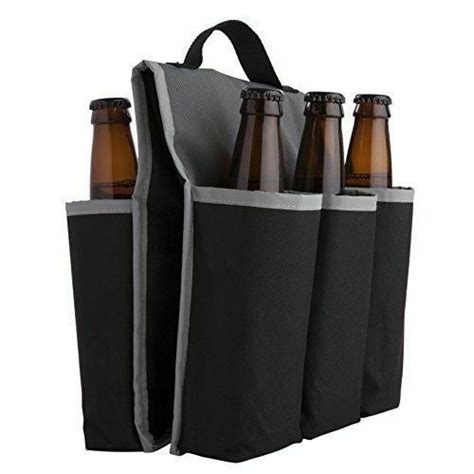 Black Beer Gear bike carrier with gray trim and carry handle holding beer bottles.