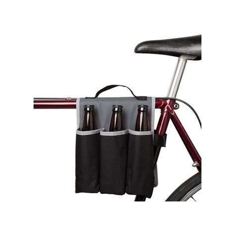 Beer Gear bottle carrier hanging over a red bicycle top tube with three bottles visible.