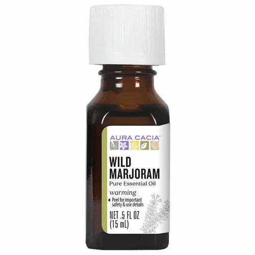 Aura Cacia Wild Marjoram essential oil, 0.5 fl oz (15 ml), in an amber bottle with a white cap.